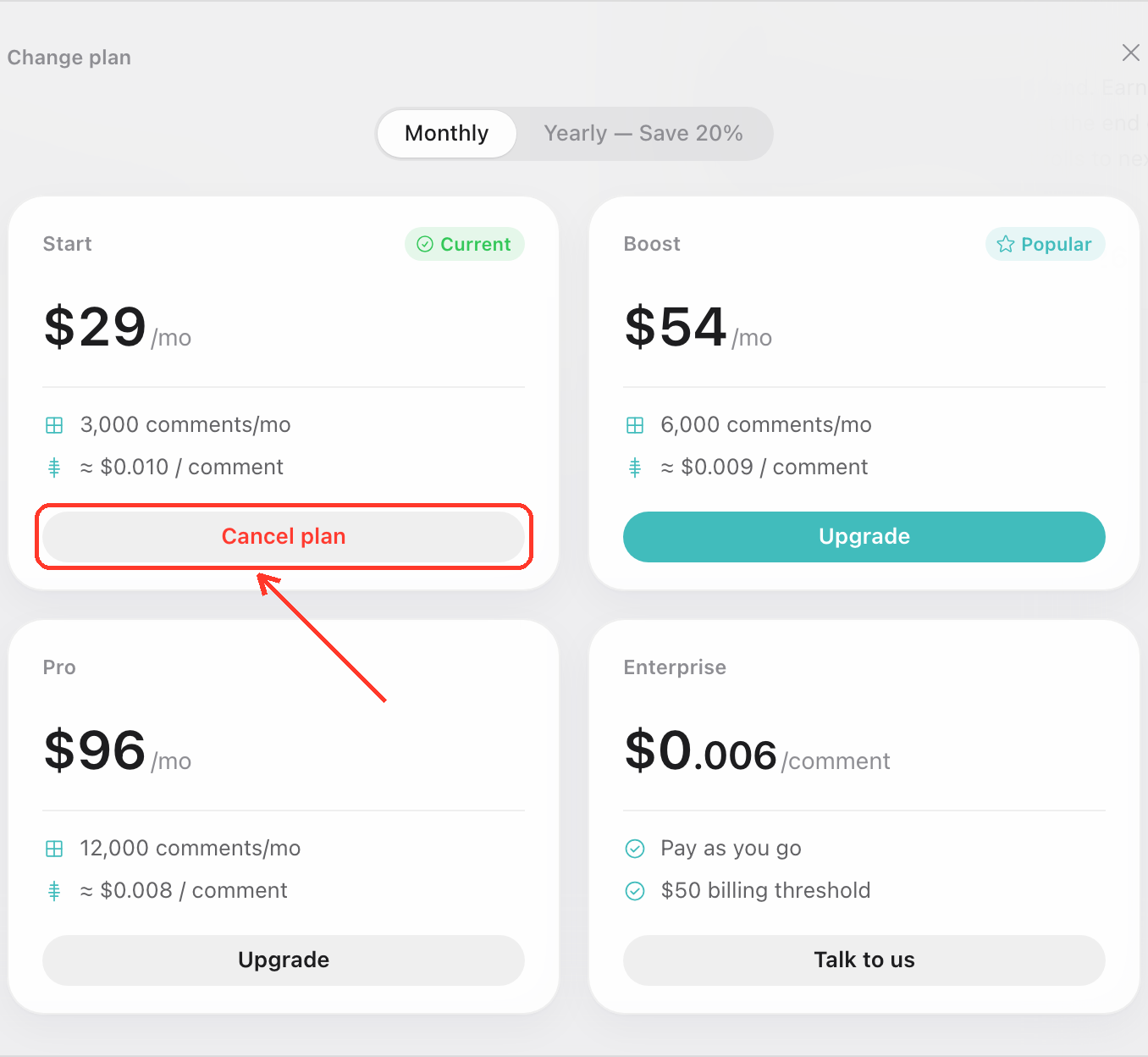 Plan chooser with the Cancel plan button highlighted on the current plan
