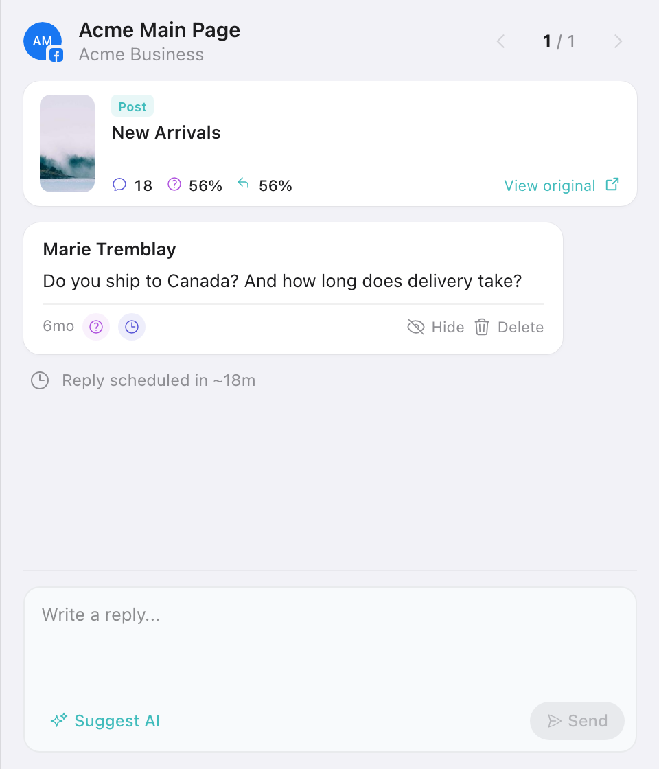Detail panel for a pending comment: the reply is scheduled and not sent yet