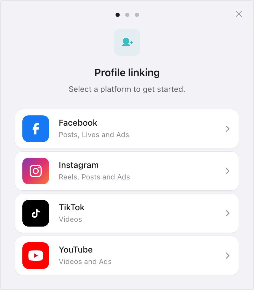 The profile linking dialog with YouTube in the platform list