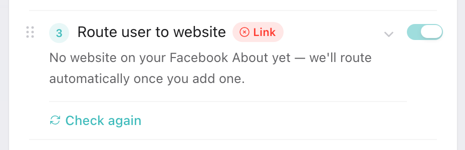 Route user to website with a red Link pill and a Check again button