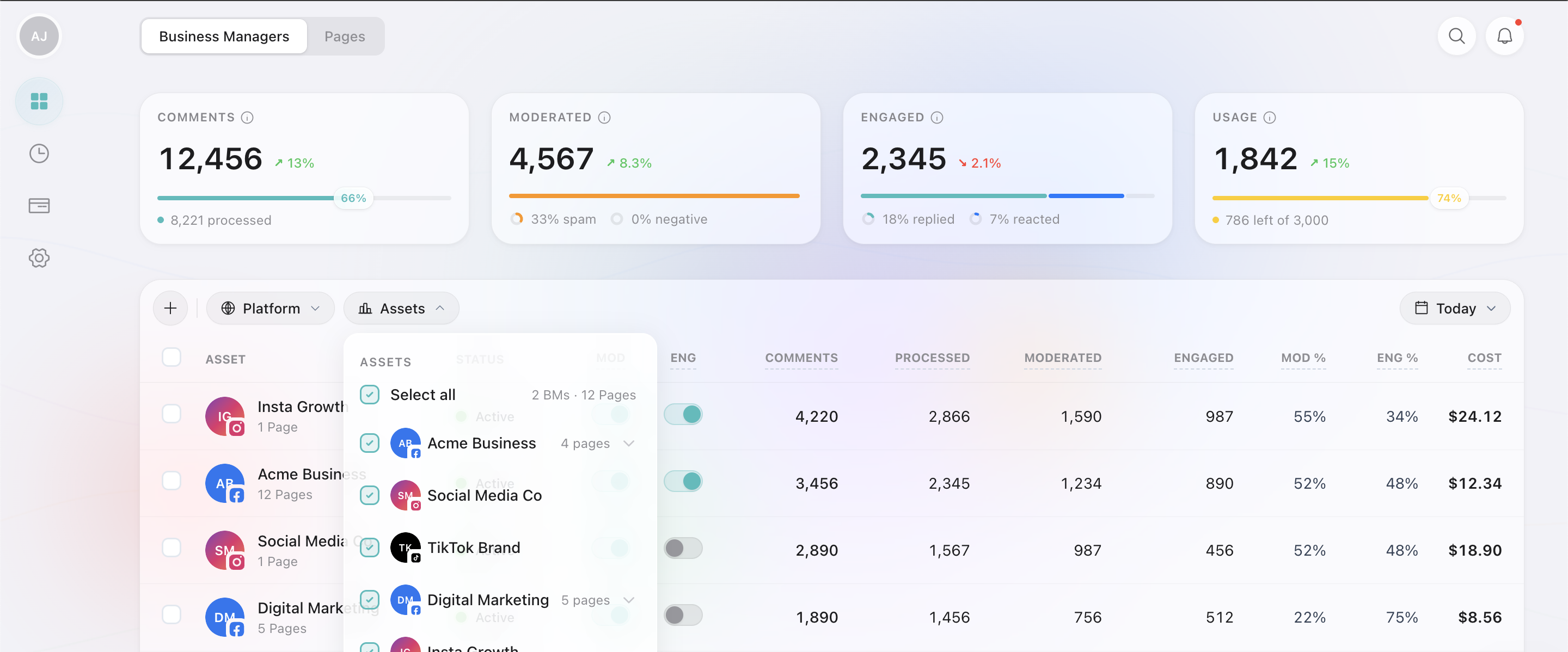Dashboard with assets filter