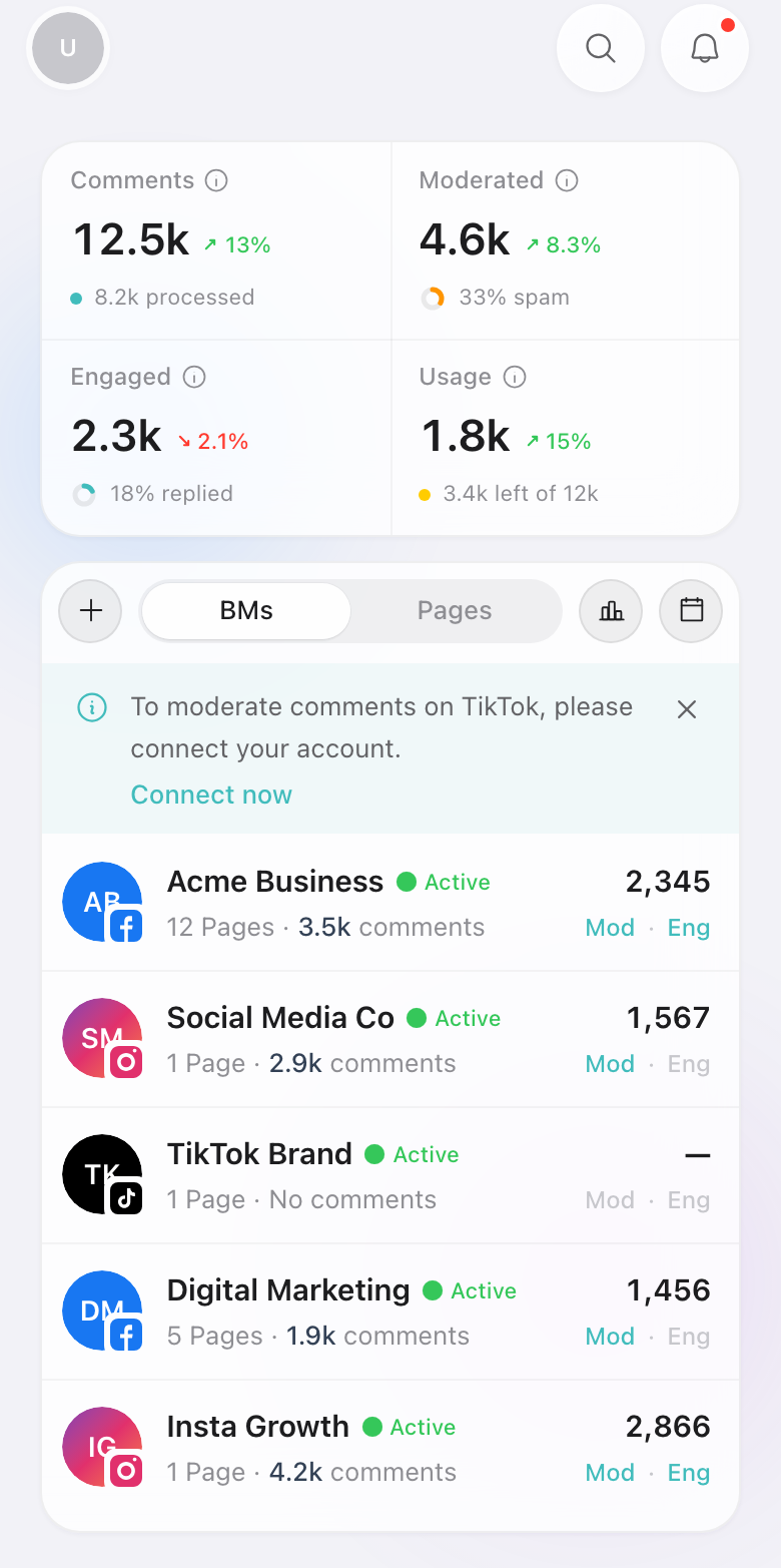Mobile dashboard showing connected assets with status and toggles