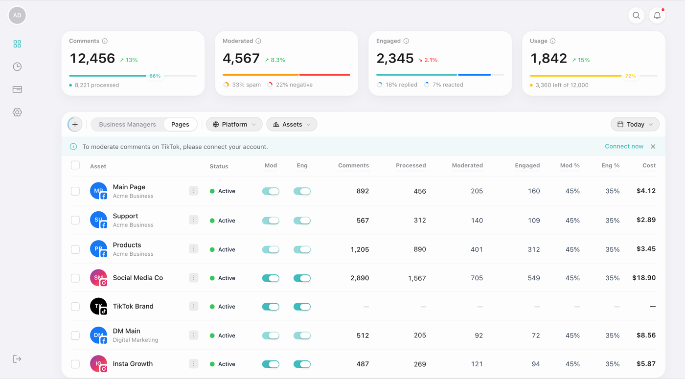 Pages tab showing the asset table with statuses, Moderate and Engage toggles, and performance columns