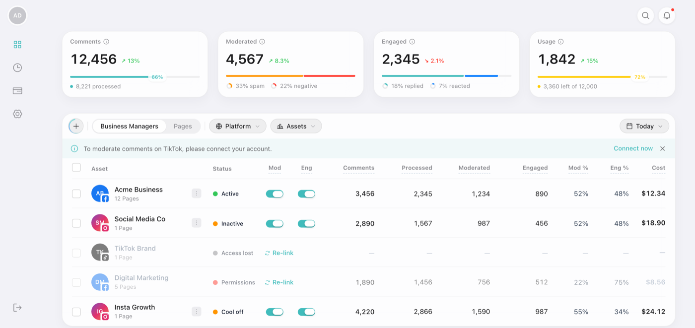 Dashboard rows showing a range of asset statuses
