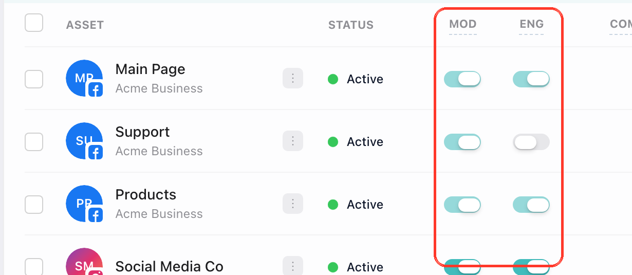 The Moderate (MOD) and Engage (ENG) toggles on each row — switch them off to pause a page