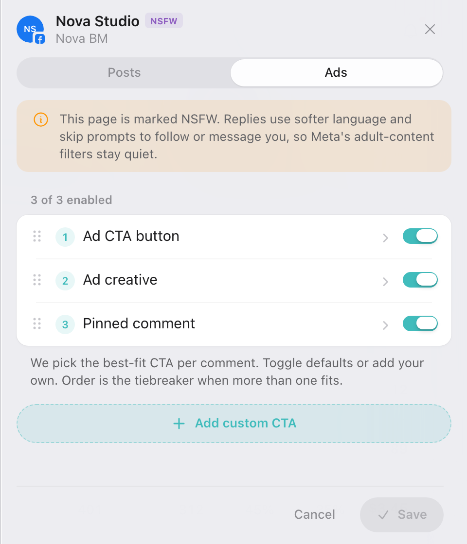 Default CTAs for Ads on an NSFW page — indirect, spatial phrasing