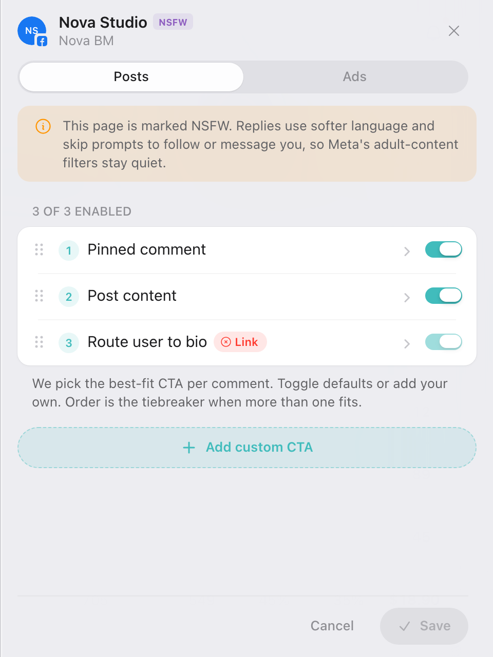 An NSFW-tagged page with its policy-aware reply settings