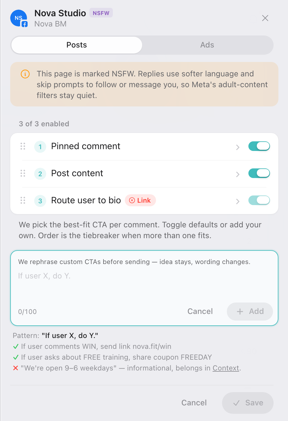 Custom CTA form on an NSFW page, with the rephrasing notice