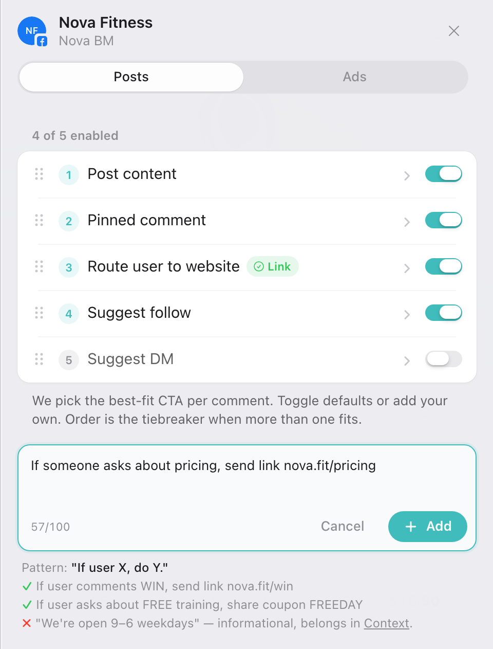 The custom CTA form, with example rules