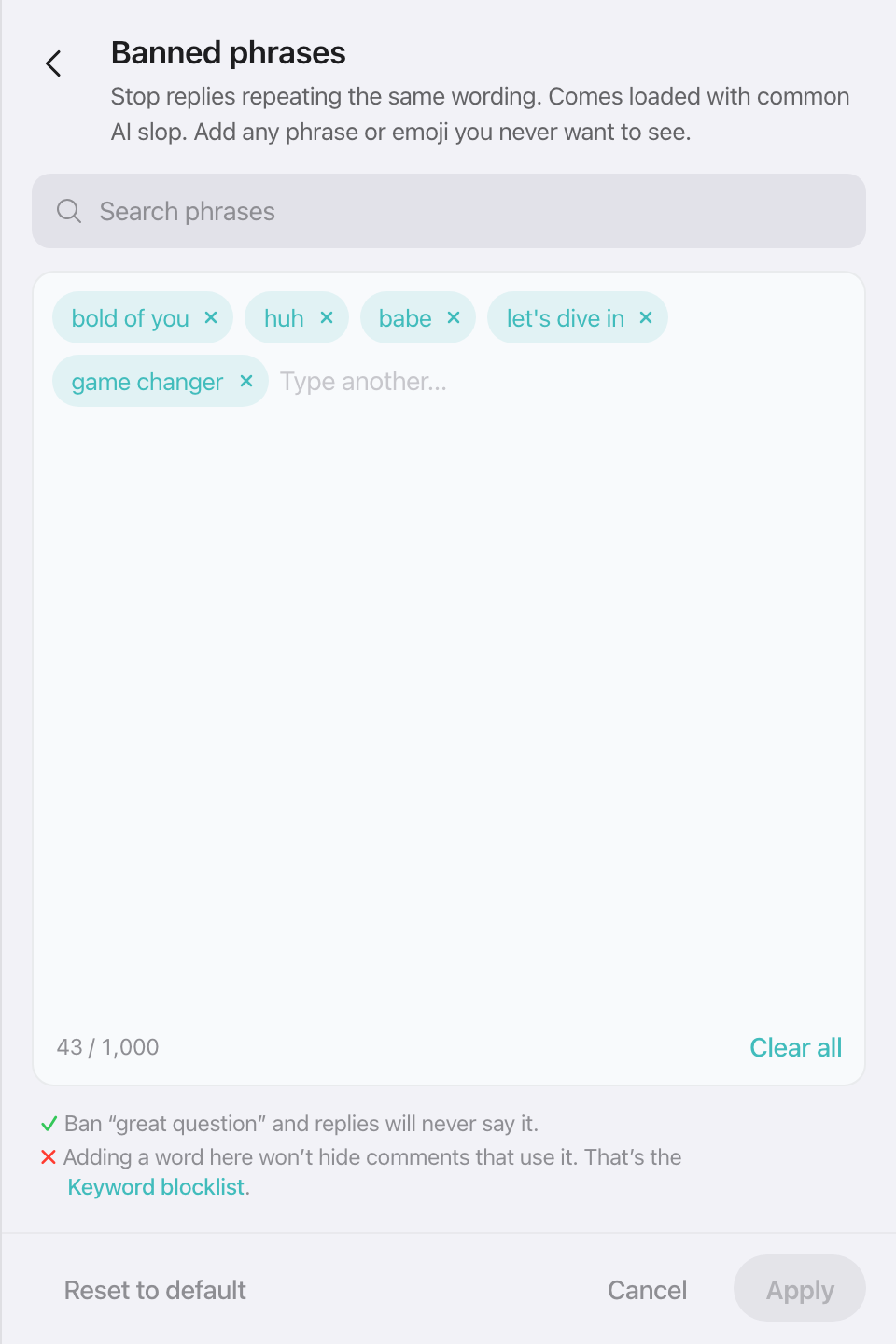 Banned phrases: wording replies must never use