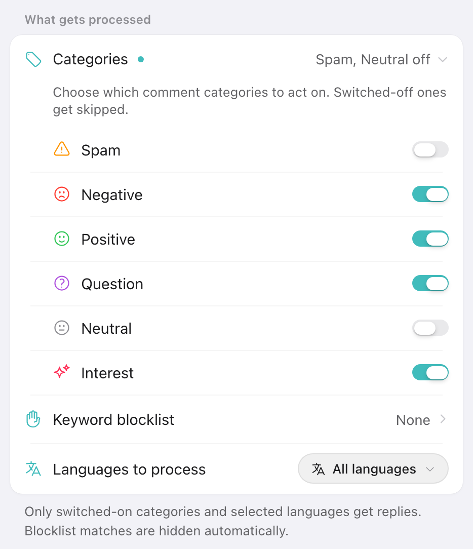 Comment category toggles: Spam, Negative, Positive, Question, Neutral, Interest