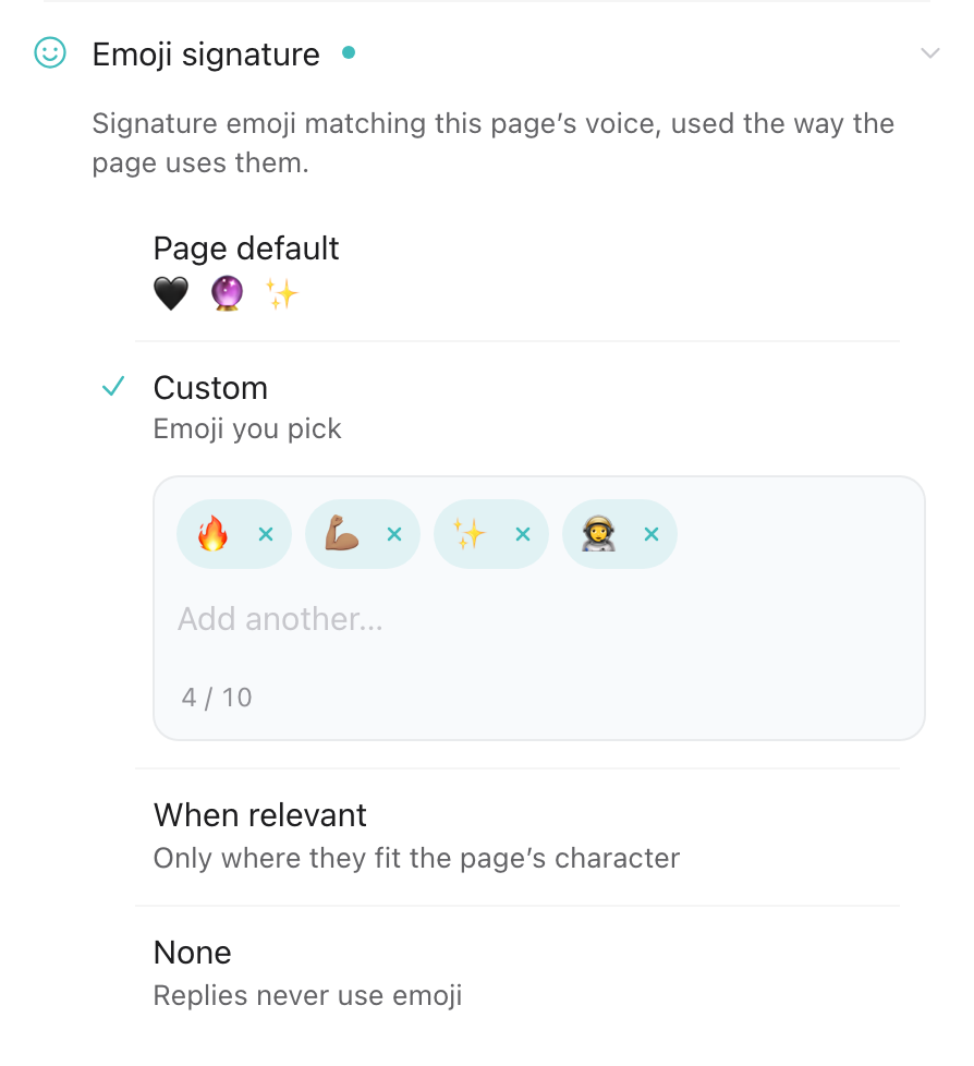 Emoji signature: page default, a custom set, only when relevant, or none