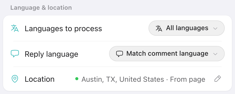 Page Settings: Languages to process and Reply language controls
