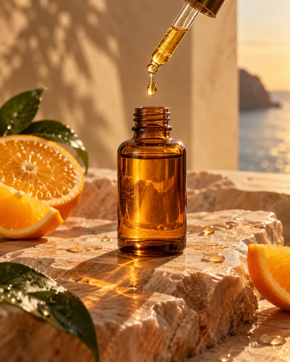 glowlab.skin ad: a serum dropper over an amber bottle and orange slices