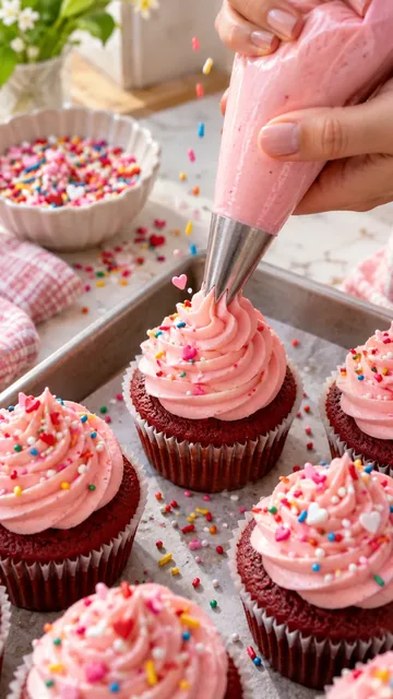 Piping pink frosting onto cupcakes